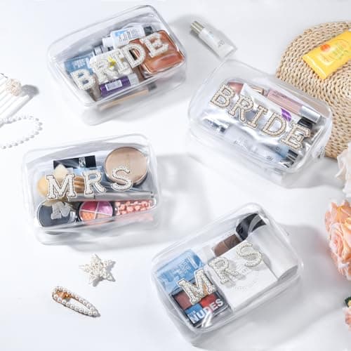 Etercycle Bride Clear Makeup Bag, Bridal Shower Gifts Engagement Cosmetic Bag, Bling Pearl Rhinestone Letter Patches Waterproof PVC Travel Organizer for Women Wedding Bachelorette Party (Gold)