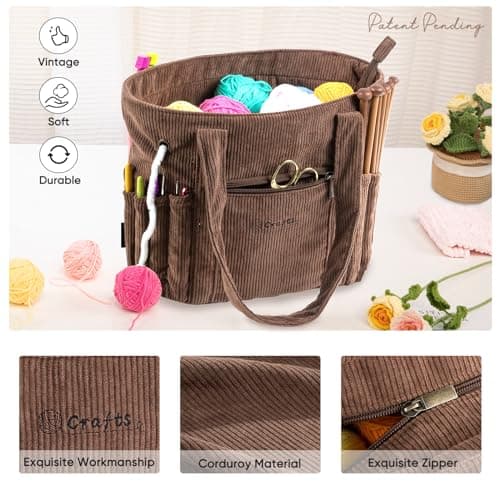 Crochet Bag and Tote - Corduroy Yarn Bag - Yarn Holder for Crocheting - Crochet Storage Bag for Crochet Hooks, Crochet Accessories, Knitting Bag for Crochet Lovers, Mother's Day Gift