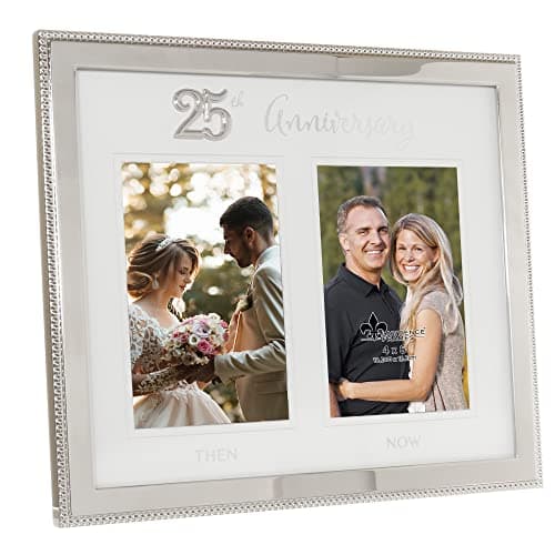 4x6 Double Silver Beaded Metal 25th Anniversary Picture Frame, Then and Now B0BRM5WJ7N