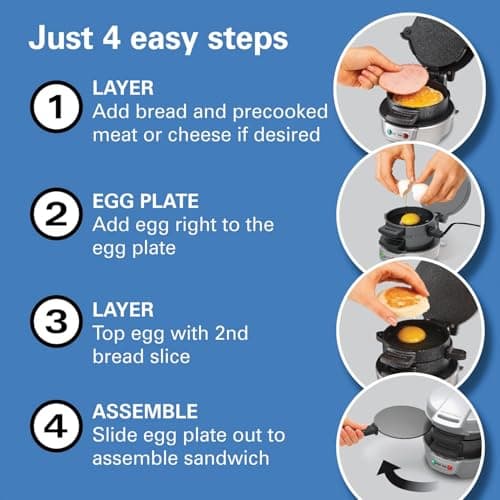 Perfect for English Muffins, Croissants, Mini Waffles | Customizable & Fast | PFAS-Free | Silver | 25475MN Hamilton Beach Breakfast Sandwich Maker with Egg Cooker Ring B00BTIUYOO