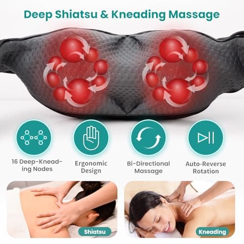 Nekteck Shiatsu Neck Massager for Pain Relief Deep Tissue with Heat, 3D Kneading Massage Pillow Back Shoulder Massagerfor Body Muscle, Plug-in Use for Home Office Car, Gifts for Mom Dad Him Her