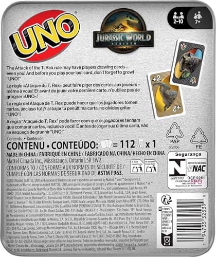 Mattel Games UNO Jurassic World Rebirth Card Game in a Collectible Tin for Kids, Adults & Family with Special Rule & Images Inspired by the Movie