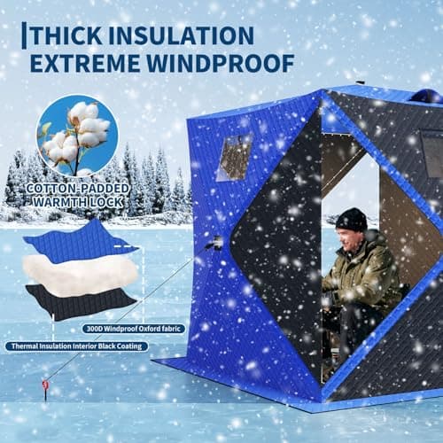 Garvee Pop Up Ice Fishing Shelter and Insulated Ice Fishing Tent with 49ft LED Light Strip, Windproof Portable Hub Design, Fits 1-8 People, 25-69 sq ft Fishable Area, Blue+Black
