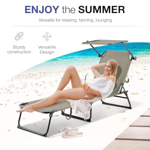 ComfySure Folding Outdoor Lounge Chair Set of 2 with Adjustable Shade Canopy, Portable Sun Tanning Chairs, Gray (1, Taupe)