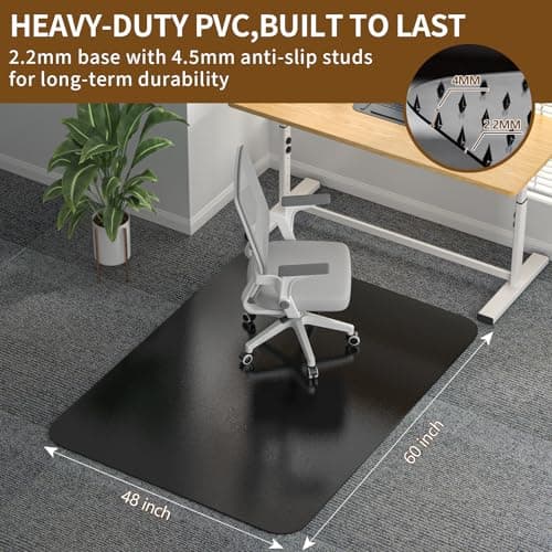 Office Chair Mat for Carpet 48”x 60”, Heavy Duty Desk Chair Mat for Low Pile Carpet with Cleats, Black Plastic Floor Mat for Gaming Chair, Smooth Rolling Carpet Chair Mat Protector