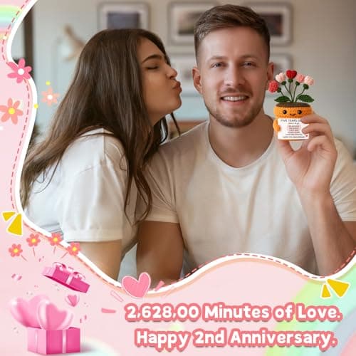 MAMAGIFTREE 5th Anniversary Wedding Gift for Couple - Handmade Crochet Heart Flower Plush with Romantic Message - Five Years Down Forever to Go Keepsake for Wife, Husband, Boyfriend, Girlfriend