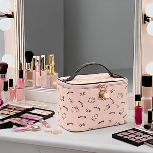 AmBealla Make up Bag Large Travel Cosmetic Bags Organizer with Brush Holder for Girl, Lightweight Cotton Toiletry Bag with Zipper for Women, Portable Makeup Case for Airplane/Home/Gym - Pink