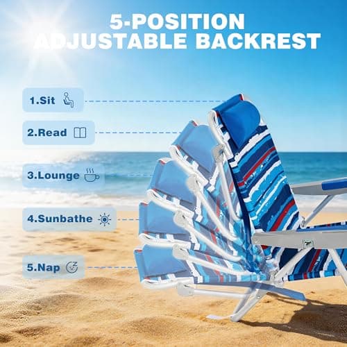 SUNNYFEEL Extra Wide Low Beach Chair 5 Position Lay Flat 500 LBS Heavy Duty, XL Oversized Portable Folding Camping Chairs with Cup Holder for Outdoor/Trip, Lightweight Backpack Beach Chair for Adults