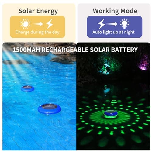 FirstE Solar Floating Pool Lights, RGB Color Changing Pool Floating Light, IP68 Waterproof LED Solar Pool Lights That Float, Hangable Auto ON Off for Above In Ground Pools Wedding Party Decoration (2)