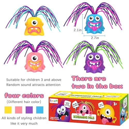 4PCS Fun Hair Pulling Fidget Screaming Monster Toys, Anti Anxiety Toys and Venting Novelty Toys, Different Screams Made by Hair Pulling, Halloween Christmas for 3 4 5 6 7+ Kids Teen Boys Girls Gifts