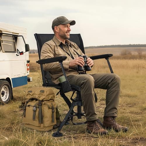 HUNTSEN 360° Silent Swivel Hunting Chair for Blinds - Stable Portable Ground Blind Chair Adjustable 4 Legs & Seat Height Folding Outdoor Fishing Seat with Anti-Sink Feet Armrest - Supports 330lbs