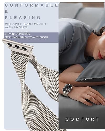 Original Stainless Steel Milanese Loop Compatible with Apple Watch Band 38mm 40mm 41mm 42mm 44mm 45mm 49mm, Magnetic Clasp Replacement Band for iwatch Series 9, Ultra 2/Ultra, SE/SE 2nd Generation, 8 7 6 5 4 3 2 1, Women & Men Watch Bands for iWatch (Starlight, 41mm/40mm/38mm)