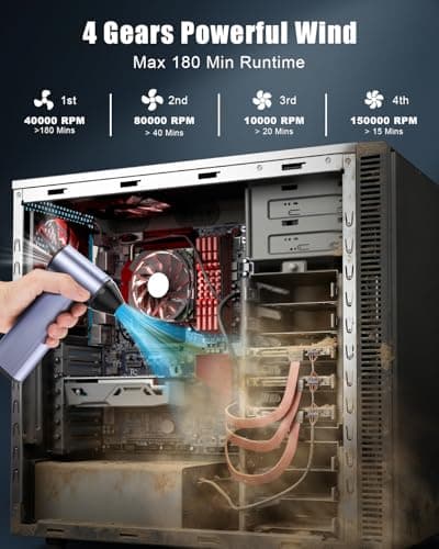 Compressed Air Duster with150,000RPM Brushless Motor, 8000mAh Battery, LED Light, 4-Gear Adjustable Electric Air Blower for Home, Car, Computer, Outdoor