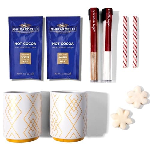 Hot Cocoa for Two Gift Set Made with Ghirardelli, Includes 2 Mugs, 2 Hot Cocoa Mixes, 2 Sugar Toppings, 2 Peppermint Stirrers & 2 Snowflake Marshmallows