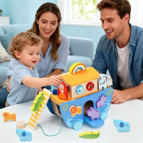 Wooden Noah's Ark Toy with Animal Shape Sorter,Baptism Gifts for 1 2 3 4 Years Old,Montessori Toys for Toddlers,Baptism Gifts for Boys and Girls,24 Months Babies