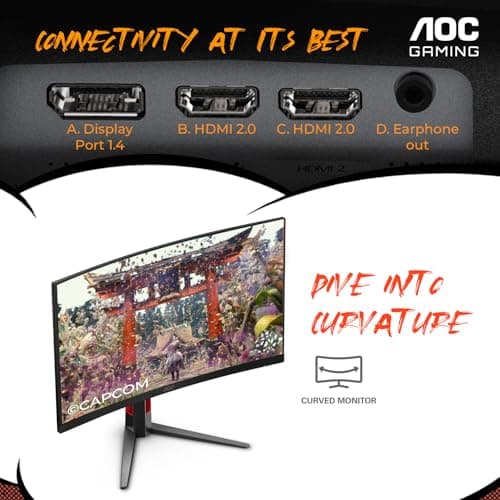 AOC 27" Curved Gaming Monitor, FHD 1080p, 280Hz (DP) 240Hz (HDMI), 0.3ms MPRT, VA Panel 1500R, AMD FreeSync Premium, HDR Ready, Height Adjustable, DisplayPort HDMI C27G4ZH