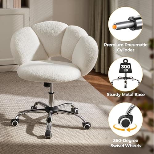 Yaheetech Boucle Upholstered Desk Chair Cloud-Shaped Vanity Chair Adjustable Home Office Computer with Rolling Wheels for Living Room, Bedroom White