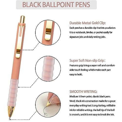 Linbsunne Ballpoint Pens Black Medium Point 1mm Pen with Super Soft Grip Ball Point Pen for Men Women Retractable Pens (gold-12 pcs)