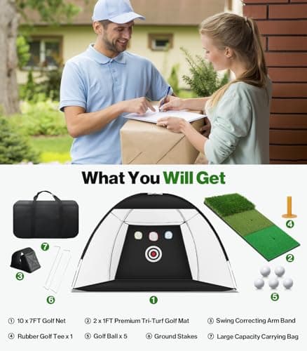 Golf Net: 10 x 7ft Golf Hitting Practice Net for Backyard Driving, Indoor & Outdoor Chipping Training Net with Mat, Targets & Balls, Ideal Gifts for Christmas Him Men Dad Husband Grandpa Boys Golfers