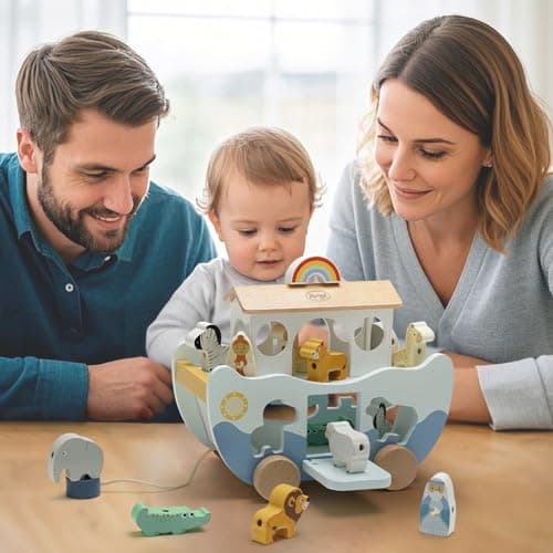 Neutral Color, Montessori Educational Toy, Animal Shape Sorter, Christian Toys for Toddler 1-3, Christmas Birthday Gift Joyreal Wooden Noah's Ark Toy for 1 Year Old Baby Boy and Girl Baptism Gift B0F3XF1SH8