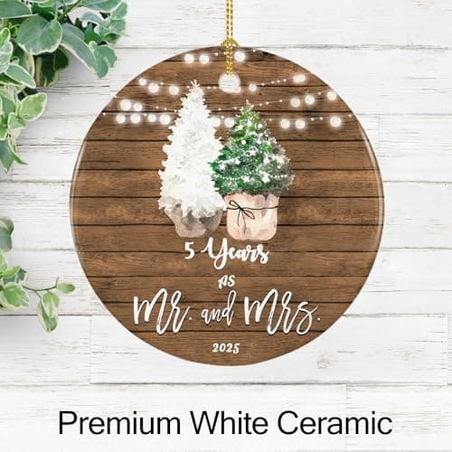 5th Anniversary Ornament Gifts for Couple, 5 Year Wedding for 5th Anniversary, Ceramic Keepsake 5 Year as Mr and Mrs Christmas Ornaments