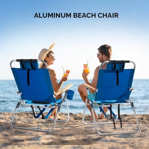 VINGLI 17" Tall Beach Chair, Aluminum Backpack Beach Chairs for Adults, Portable with Adjustable Straps, 3-Position Reclining, Cup Holder, High Lightweight Beach Chairs for Beach