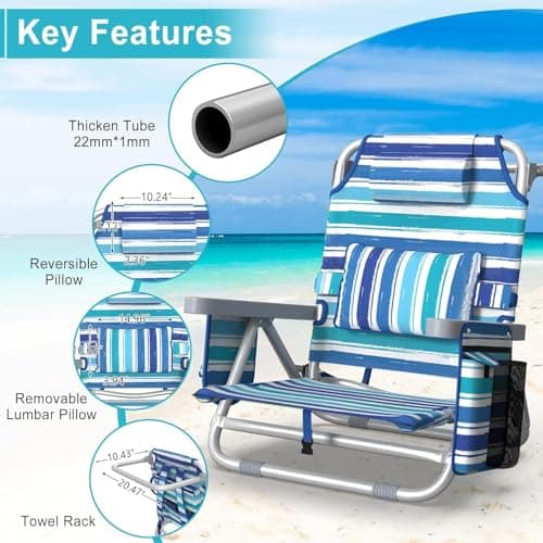 Suteck Backpack Beach Chairs for Adults, 5-Position Lay Flat Reclining Chair with Cooler Pouch, Cup Holder, Towel Bar, 2-Pack Portable Folding Beach Chair for Lawn Outdoor (1, Light Blue)
