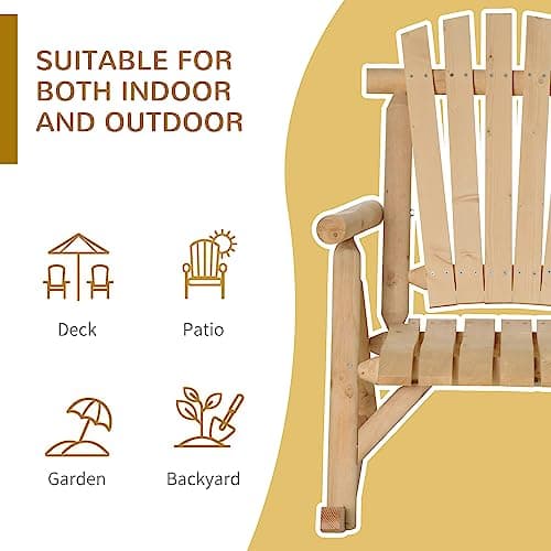 Outsunny Outdoor Wooden Rocking Chair, Single-Person Rustic Adirondack Rocker with Slatted Seat, High Backrest, Armrests for Patio, Garden and Porch, Natural