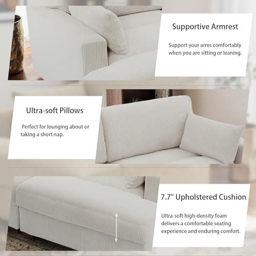 Oversized Chaise Lounge Chair Indoor with Left Armrest, Comfy Upholstered Sofa Bed Recliner Chair for Living Room, Corduroy Reading Seat Cloud Couch w/Solid Wood Frame - Sea Salt Grey