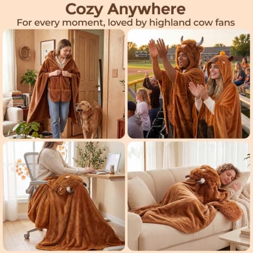 Full-Body Coverage, Hands-Free Design, Phone Pocket, For Home, Camping & Lounging, Birthday Gifts for Women & Animal Lovers Mewaii Highland Cow Gifts Wearable Blanket Hoodie Soft Highland Cow Blanket B0CGRGNP6W