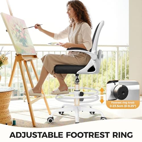Primy Home Office Drafting Chair - Tall Desk Chair with Flip-up Armrests 3D Lumbar Support, Comfort Drafting Chair with Footrest for Standing Desk, High Chair for Bar Study Work