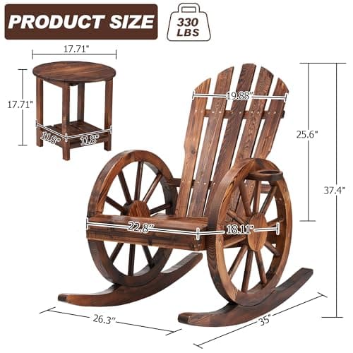 AHB Outdoor Wooden Rocking Chairs Set, Wagon Wheel Armrest Yard Glider Patio Chair with Small Table for Coffee Break, Adirondack Rocking Chair for Summer Lawn Garden Balcony, Brown (3 PCS)