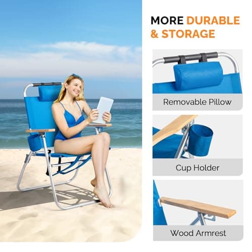 VINGLI 17" Tall Beach Chair, Aluminum Backpack Beach Chairs for Adults, Portable with Adjustable Straps, 3-Position Reclining, Cup Holder, High Lightweight Beach Chairs for Beach
