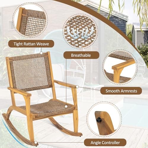 Acacia Wood Outdoor Rocking Chair Set of 2, Natural Wicker Outdoor Rockers with Wicker Rattan Seat & Backrest, 400 lbs Capacity Heavy Duty Rocker for Garden, Backyard & Balcony (Natural)