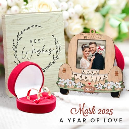 Just Married Personalized Christmas Ornaments - Wedding Gifts for Couples 2025, Bridal Shower Gift for Bride, Custom Wooden Ornaments with Picture, Newly Wed Gifts for The Couple Mr and Mrs Engagement