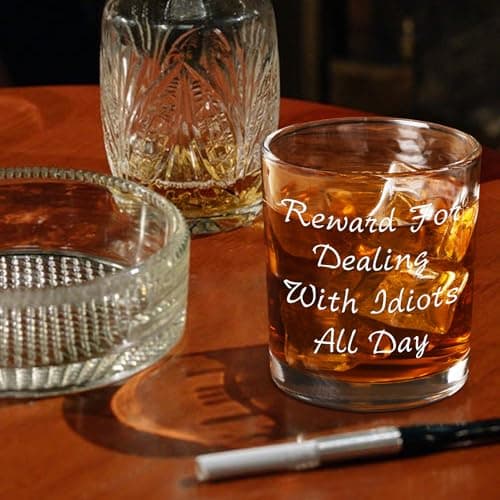 Futtumy Reward For Dealing With Idiots All Day Whiskey Glass, Funny Gifts for Men Coworker Friend Husband Boss Him, Novelty Old Fashioned Glass for Christmas Fathers Day Bosses Day Birthday, 10 oz
