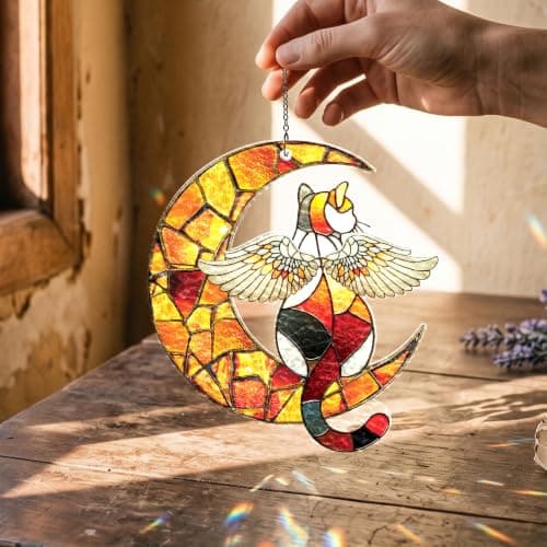 Wavy acrylic suncatcher featuring winged cat moon artwork, designed as a window hanging ornament for home décor and spaces Cat Suncatcher, Pet Memorial Gifts, Window Hanging Ornament 3 (6 Inches) B0HFW19G7L