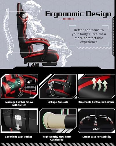 Yaheetech Gaming Chair, Video Game Chair with Massage Lumbar Support and Footrest Height Adjustable Ergonomic Computer Chair with Swivel Seat and Headrest, Black/Red