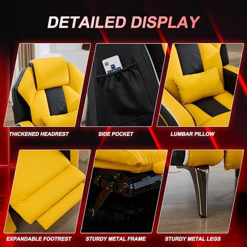 URRED Gaming Recliner Chair with LED Lights, Ergonomic Video Game Reclining Chair with Footrest, Lumbar Pillow, Side Pocket, Home Theater Recliner for Living Room, Bedroom, Gaming Room (Yellow)