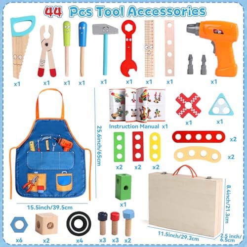 Kids Tool Set with Drill, Educational Montessori Toys for 3 Year Old Boys 44 Pcs STEM Kids Toys Wooden Toddler Tool Set with Apron & Box Christmas Birthday Gifts for 3 4 5 Year Old Boy Girl