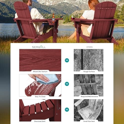 SERWALL Adirondack Chair with Cup Holders - Composite Adirondack Chairs Set of 2 HDPE Outdoor Chairs All Weather Use- Dark Red