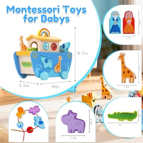 Wooden Noah's Ark Toy with Animal Shape Sorter,Baptism Gifts for 1 2 3 4 Years Old,Montessori Toys for Toddlers,Baptism Gifts for Boys and Girls,24 Months Babies