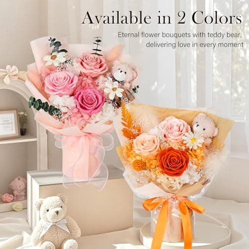 Preserved Flowers Bouquet with Bear, 3 Real Forever Flowers for Delivery, Long-Lasting Pink Eteranl Roses Bouquet Birthday Gifts for Women, Mother, Wife, Her