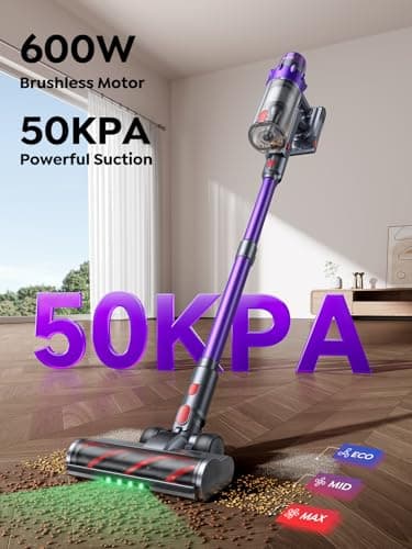 SMOTURE Cordless Vacuum Cleaner, 600W 50KPA 65Mins Vacuum Cleaners for Home, Cordless Stick Vacuum with LED Touch Screen, Anti-Tangle Wireless Vacuum, Handheld Vacuum for Pet Hair/Carpet/Floor