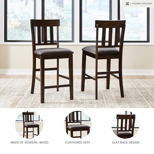 Signature Design by Ashley Haddigan Upholstered Barstool, 2 Count, Slat Back Design, Cushioned Seat, Wood, 25.5" H, Dark Brown