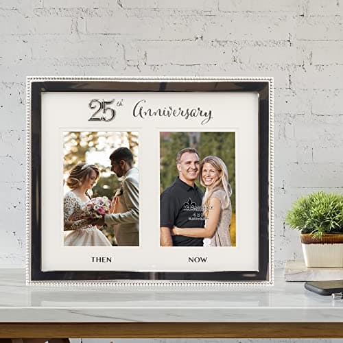 4x6 Double Silver Beaded Metal 25th Anniversary Picture Frame, Then and Now B0BRM5WJ7N