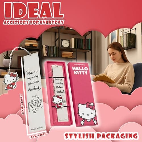 Hello Kitty Metal Bookmark with Hanging Charm Page Marker for Girls Teens Readers Book Accessories for Office Supplies and Book Lovers Gifts for Women