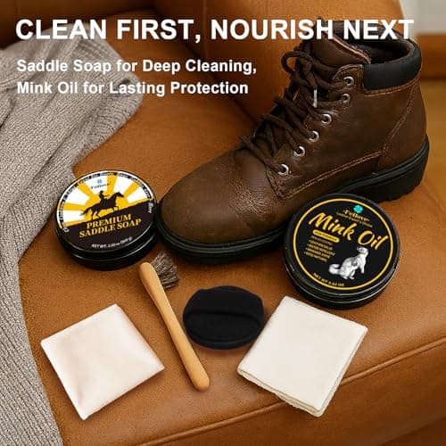 Feilove Leather Boot Care Kit – Mink Oil & Saddle Soap for Leather with Applicators & Cloths – 6-Piece Leather Shoe Care Kit for Cowboy Boots, Work Boots, Shoes & Tack