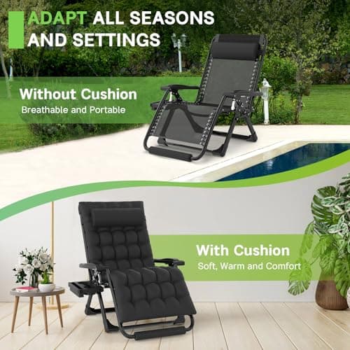 ZENPETIO Oversized Zero Gravity Chair, 33In XXL Zero Gravity Recliner Lounge Chair, Anti Gravity Chair for Indoor and Outdoor, Reclining Camping Chair for Lawn and Patio w/Cushion and Footrest, 500LBS