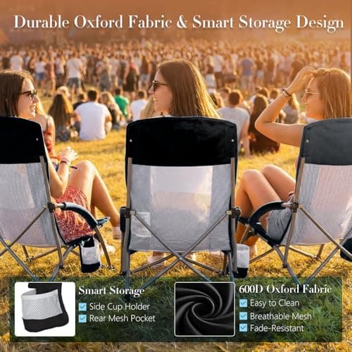 DUMOS Low Camping Beach Chair, Lightweight Folding Portable Beach Chair with Cup Holder, Storage Pocket, Breeze Mesh Back, Padded Armrests, Low Profile Chair for Camp, Picnic, Lawn, Sand, Black